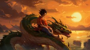 Gt goku, shenron, gt goku sitting on shenron, in the clounds flying, sunset,