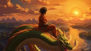 Gt goku, shenron, gt goku sitting on shenron, in the clounds flying, sunset, perfect details, no defects HD