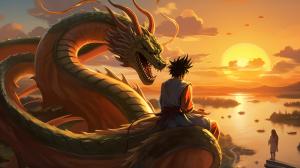 Gt goku, shenron, gt goku sitting on shenron, in the clounds flying, sunset, perfect details, no defects HD