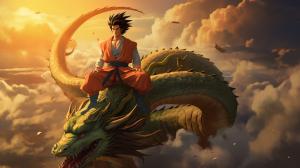 Gt goku, shenron, gt goku sitting on shenrons head, in the clouds flying, sunset, perfect details, no defects HD,