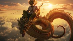 Gt goku, shenron, gt goku sitting on shenrons head, in the clouds flying, sunset, perfect details, no defects HD,