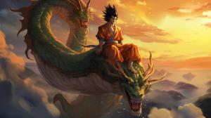 Gt goku, shenron, gt goku sitting on shenrons head, in the clouds flying, sunset, perfect details, no defects HD,