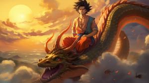 Gt goku, shenron, gt goku sitting on shenrons head, in the clouds flying, sunset, perfect details, no defects HD,