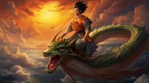 Gt goku, shenron, gt goku sitting on shenrons head, in the clouds flying, sunset, perfect details, no defects HD,