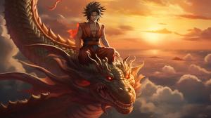 Gt goku, shenron, gt goku sitting on shenrons head, in the clouds flying, sunset, perfect details, no defects HD,