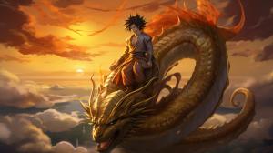 Gt goku, shenron, gt goku sitting on shenrons head, in the clouds flying, sunset, perfect details, no defects HD,