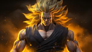 Gogeta from dragon ball z, black vest with yellow shoulder guards, sparkling yellow aura, in hell, shimmering energy around body, HD, perfect details, yellow hair, masterpiece