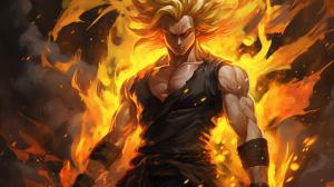 Gogeta from dragon ball z, black vest with yellow shoulder guards, sparkling yellow aura, in hell, shimmering energy around body, HD, perfect details, yellow hair, masterpiece