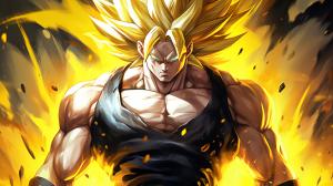 Gogeta from dragon ball z, black vest with yellow shoulder guards, sparkling yellow aura, shimmering energy around body, HD, perfect details, yellow hair, masterpiece, accurate as possible, dragon ball art style