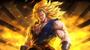 Gogeta from dragon ball z, black vest with yellow shoulder guards, sparkling yellow aura, shimmering energy around body, HD, perfect details, yellow hair, masterpiece, accurate as possible, dragon ball art style