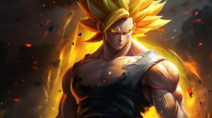 Gogeta, black vest with yellow shoulder guards, sparkling yellow aura, shimmering energy around body, HD, perfect details, yellow hair, masterpiece, accurate as possible, dragon ball art style