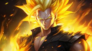 Gogeta, black vest with yellow shoulder guards, sparkling yellow aura, shimmering energy around body, HD, perfect details, yellow hair, masterpiece, accurate as possible, dragon ball art style