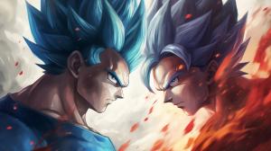 Goku vs vegeta, HD, perfect details, masterpiece, vegeta has no hair bangs, blue hair,