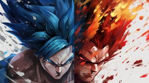 Goku vs vegeta, HD, perfect details, masterpiece, vegeta has no hair bangs, blue hair,