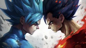 Goku vs vegeta, HD, perfect details, masterpiece, vegeta has no hair bangs, blue hair,