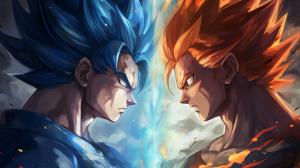 Goku vs vegeta, HD, perfect details, masterpiece, no hair bangs on vegeta, blue hair on goku, blue hair on vegeta, blue eyes, blue energy