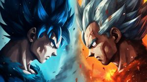 Goku vs vegeta, HD, perfect details, masterpiece, no hair bangs on vegeta, blue hair on goku, blue hair on vegeta, blue eyes, blue energy