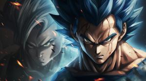 Goku vs vegeta, HD, perfect details, masterpiece, no hair bangs on vegeta, blue hair on goku, blue hair on vegeta, blue eyes,