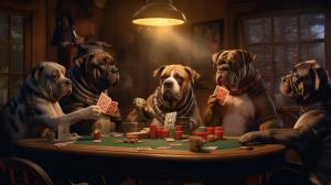 Dogs playing poker but the dogs are robots, Elvis is watching old workout videos in the back, everyone eating Italian beefs with sweet peppers