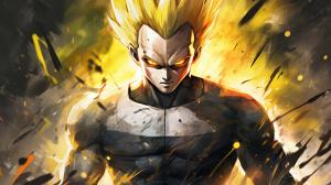 Majin vegeta, has a M symbol on his forhead, yellow hair, green eyes, blood, destroyed city, evil smile, lightning surrounding body, no hair bangs