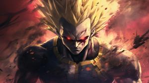 Majin vegeta, has a M symbol on his forhead, yellow hair, green eyes, blood, destroyed city, evil smile, lightning surrounding body, no hair bangs