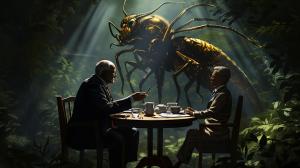 Forest, giant insects, tea party, insect bounty hunter in shadows, insect joe biden