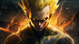 Majin vegeta, has a M symbol on his forhead, yellow hair, green eyes, blood, destroyed city, lightning surrounding body, no hair bangs,HD, Perfect Detail, accurate as possible