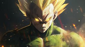 Majin vegeta, has a majin symbol on forhead, yellow hair, green pupils, blood, destroyed city, lightning surrounding body, no hair bangs,HD, Perfect Detail, accurate as possible