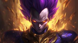 Vegeta Ultra Ego, Purple hair, yellow pupils, purple energy surrounds body, dynamic, pose, HD, Perfect details, master piece