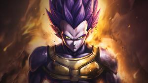 Vegeta Ultra Ego, Purple hair, yellow pupils, purple energy surrounds body, dynamic, pose, HD, Perfect details, master piece