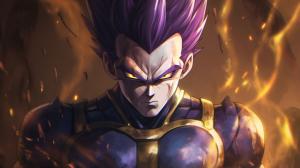 Vegeta Ultra Ego, Purple hair, yellow pupils, purple energy surrounds body, dynamic, pose, HD, Perfect details, master piece, accurate as possible, dragon ball art style