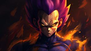 Vegeta Ultra Ego, Purple hair, yellow pupils, purple energy surrounds body, dynamic, pose, HD, Perfect details, master piece, accurate as possible, dragon ball art style