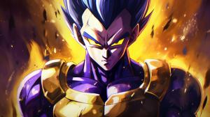 Vegeta Ultra Ego, Purple hair, yellow pupils, purple energy surrounds body, dynamic, pose, HD, Perfect details, master piece, accurate as possible, dragon ball art style