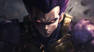 Vegeta Ultra Ego, Purple hair, yellow pupils, purple energy surrounds body, dynamic, pose, HD, Perfect details, master piece, accurate as possible, dragon ball art style