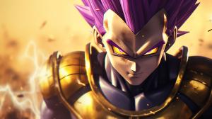 Vegeta Ultra Ego, Purple hair, yellow pupils, purple energy surrounds body, dynamic, pose, HD, Perfect details, master piece, accurate as possible, dragon ball art style