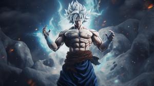 Goku Ultra instinct, HD, Perfect detail, anime accurate, galaxy in background, fighting stance, white dragon in back ground