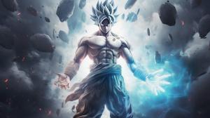 Goku Ultra instinct, HD, Perfect detail, anime accurate, galaxy in background, fighting stance, white dragon in back ground