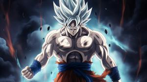 Goku Ultra instinct, HD, Perfect detail, anime accurate, galaxy in background, fighting stance, white dragon in back ground