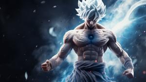 Goku Ultra instinct, HD, Perfect detail, anime accurate, galaxy in background, fighting stance, white dragon in back ground