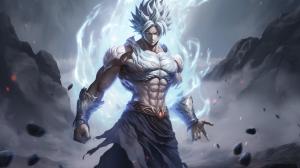 Goku Ultra instinct, HD, Perfect detail, anime accurate, fighting stance, white dragon in background