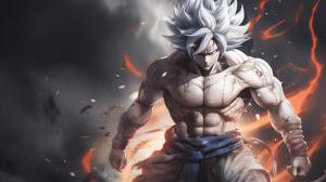 Goku Ultra instinct, HD, Perfect detail, anime accurate, fighting stance, white dragon in background