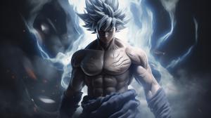 Goku Ultra instinct, HD, Perfect detail, anime accurate, fighting stance, white dragon in background