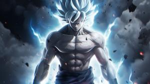 Goku Ultra instinct, HD, Perfect detail, anime accurate, fighting stance, white dragon in background