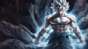 Goku Ultra instinct, HD, Perfect detail, anime accurate, fighting stance, white dragon in background