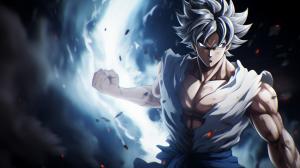 Goku Ultra instinct, HD, Perfect detail, anime accurate, fighting stance, white dragon in background