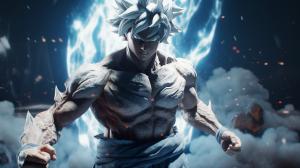 Goku Ultra instinct, HD, Perfect detail, anime accurate, fighting stance, white dragon in background