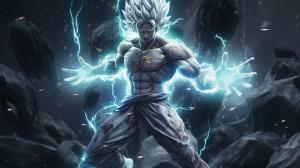 Goku Ultra instinct, HD, Perfect detail, anime accurate, fighting stance, white flames, sparkling white energy