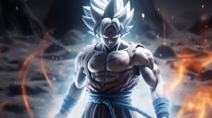 Goku Ultra instinct, HD, Perfect detail, anime accurate, fighting stance, white flames, sparkling white energy