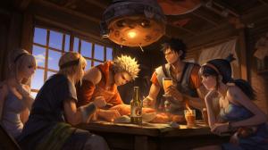 One Piece, Naruto, Bleach, and Dragon Ball characters eating together 8K