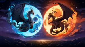 Mega Charizard X and Mega Charizard Y flying with a yin and yang theme 4K